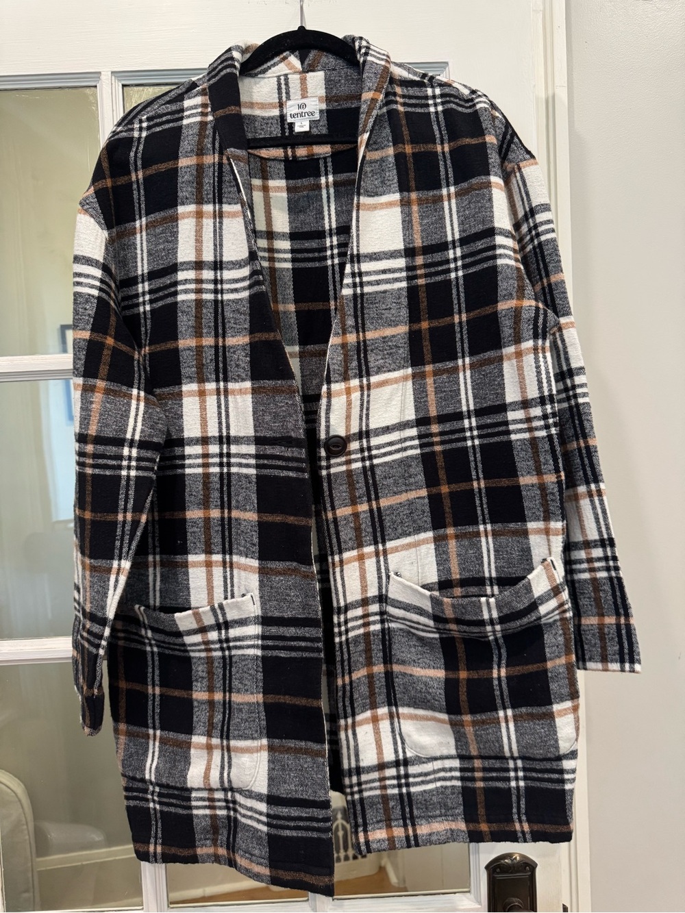 Tentree Women's Black White Brown Plaid Button Coat - Picture 1 of 3